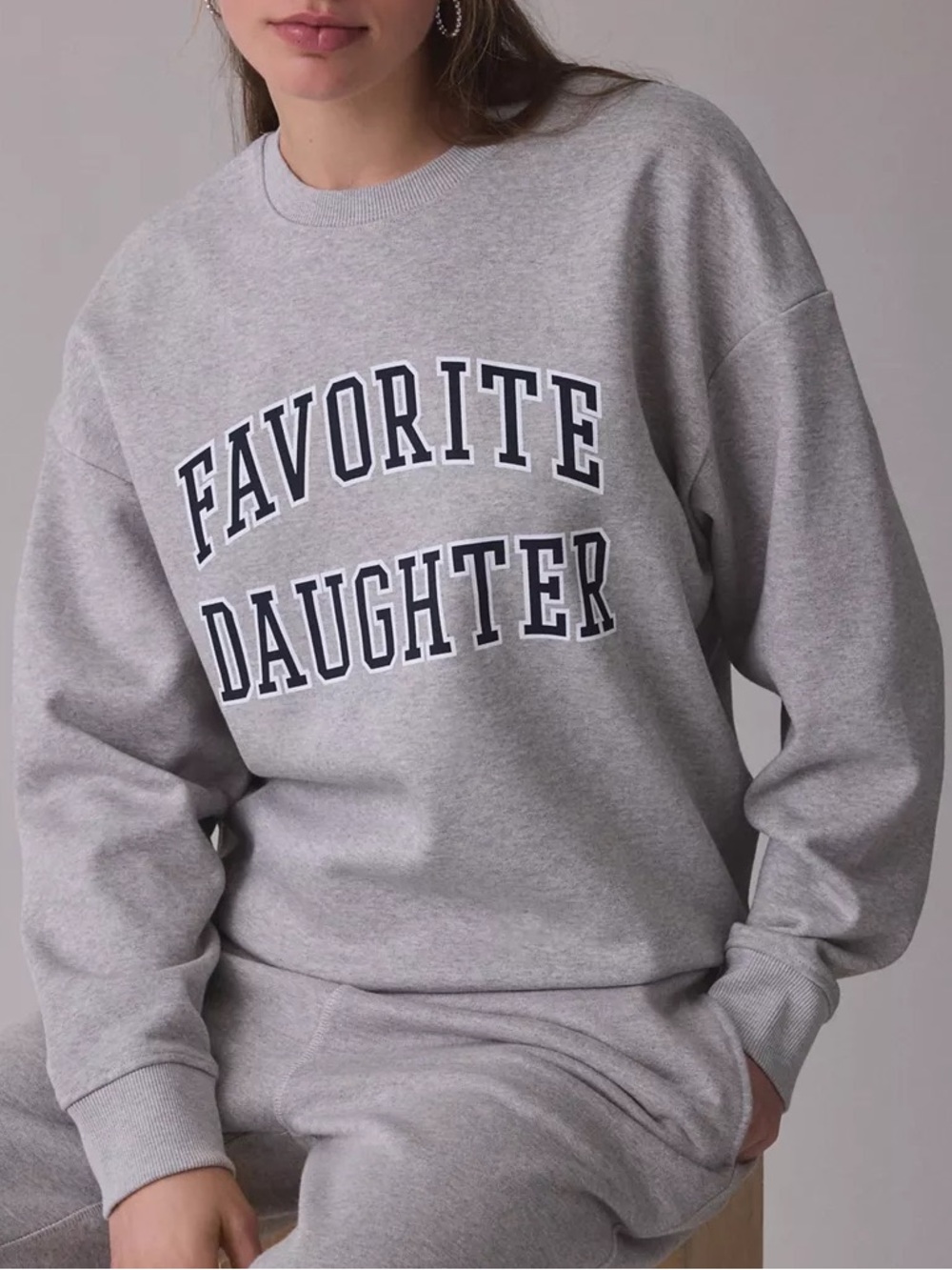 Favorite Daughter Light Gray Crewneck with Navy Lettering